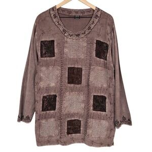 SACRED THREADS Embroidered Tunic One Size‎ OS Printed Rayon Top Flowy Boho VTG